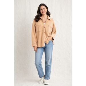 Aerie Washed Tan Fleece Shacket Oversized Button Front Chest Pockets Medium